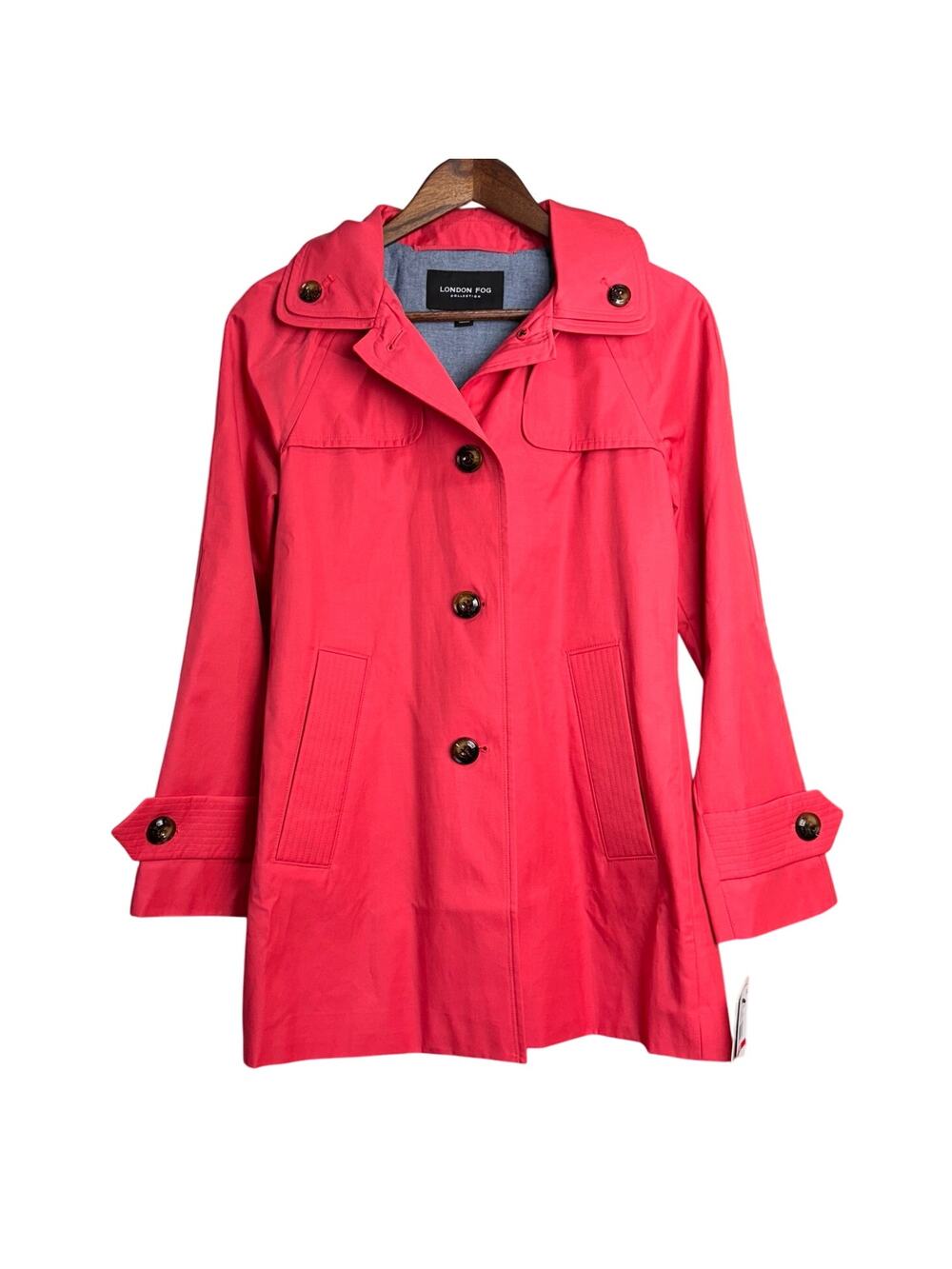 Women's London Fog Hibiscus Coral Double Collared Hooded Rain Coat Jacket - PXS